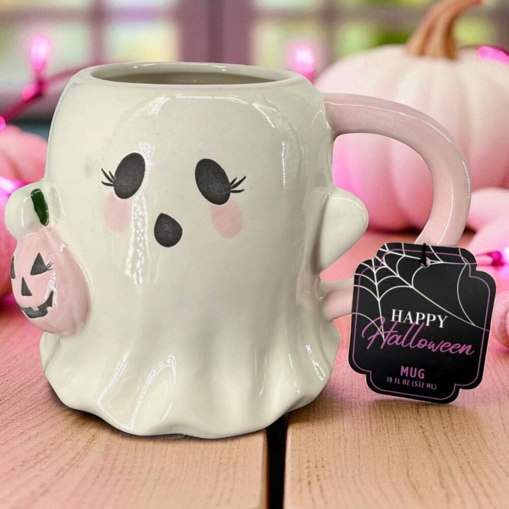 Halloween Eyelash Blush Ghost Mug Pink Pumpkin 18oz Global Design Connections